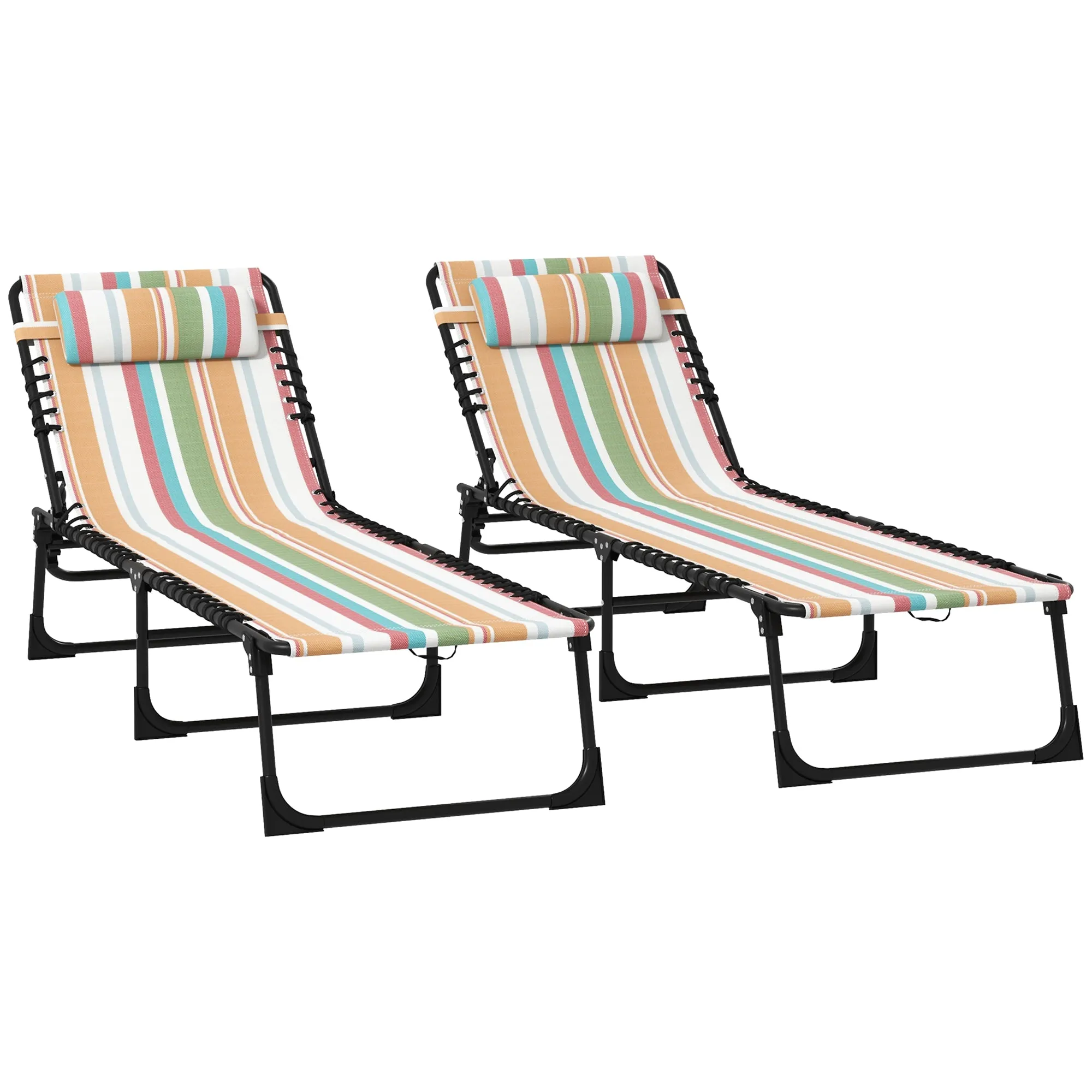 2 Pcs Folding Sun Lounger Beach Chaise Chair Garden Cot Camping Recliner with 4 Position Adjustable Multicolored