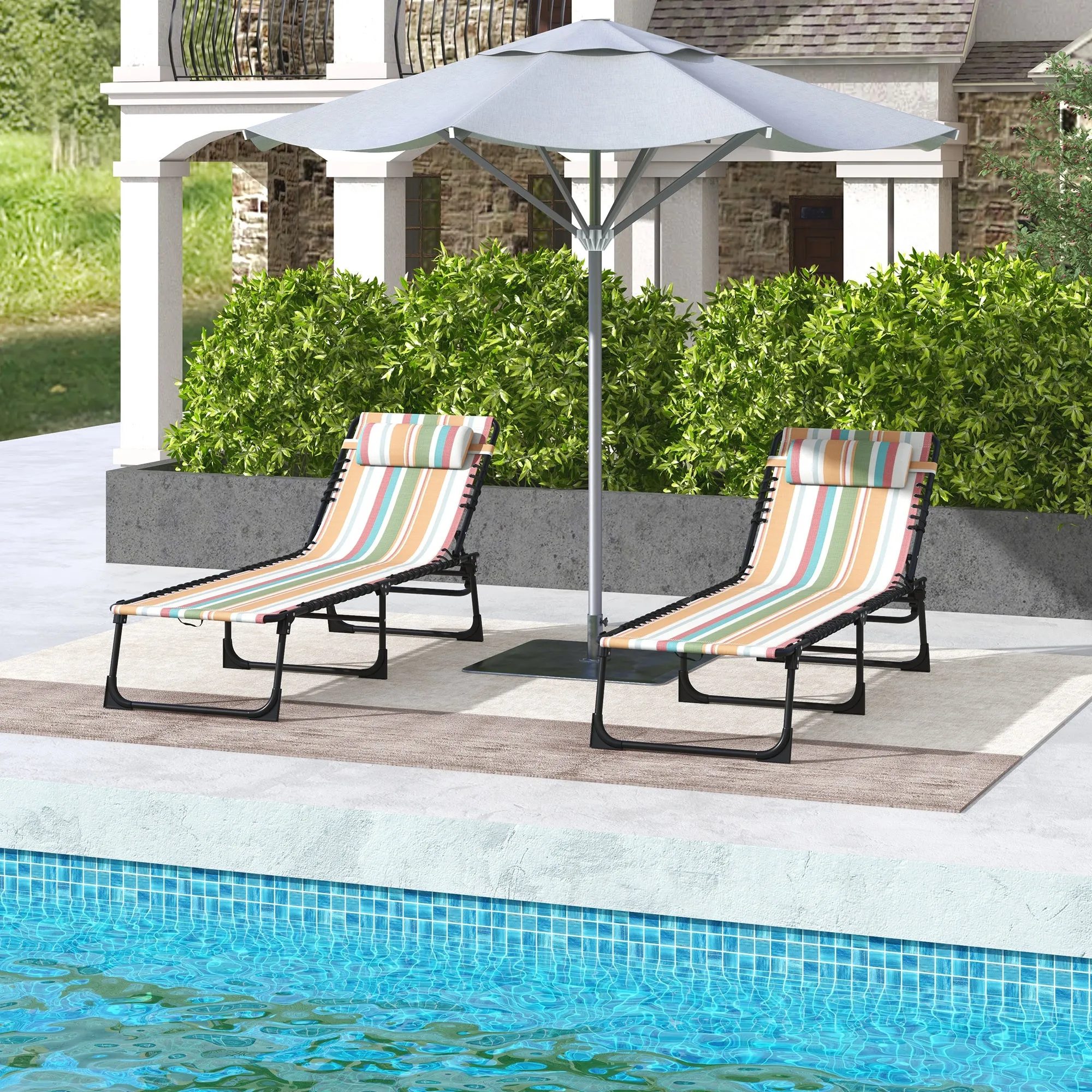 2 Pcs Folding Sun Lounger Beach Chaise Chair Garden Cot Camping Recliner with 4 Position Adjustable Multicolored