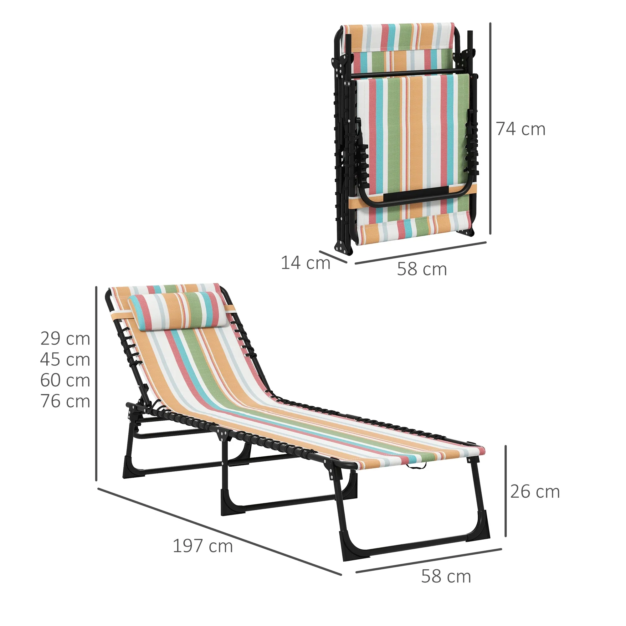 2 Pcs Folding Sun Lounger Beach Chaise Chair Garden Cot Camping Recliner with 4 Position Adjustable Multicolored