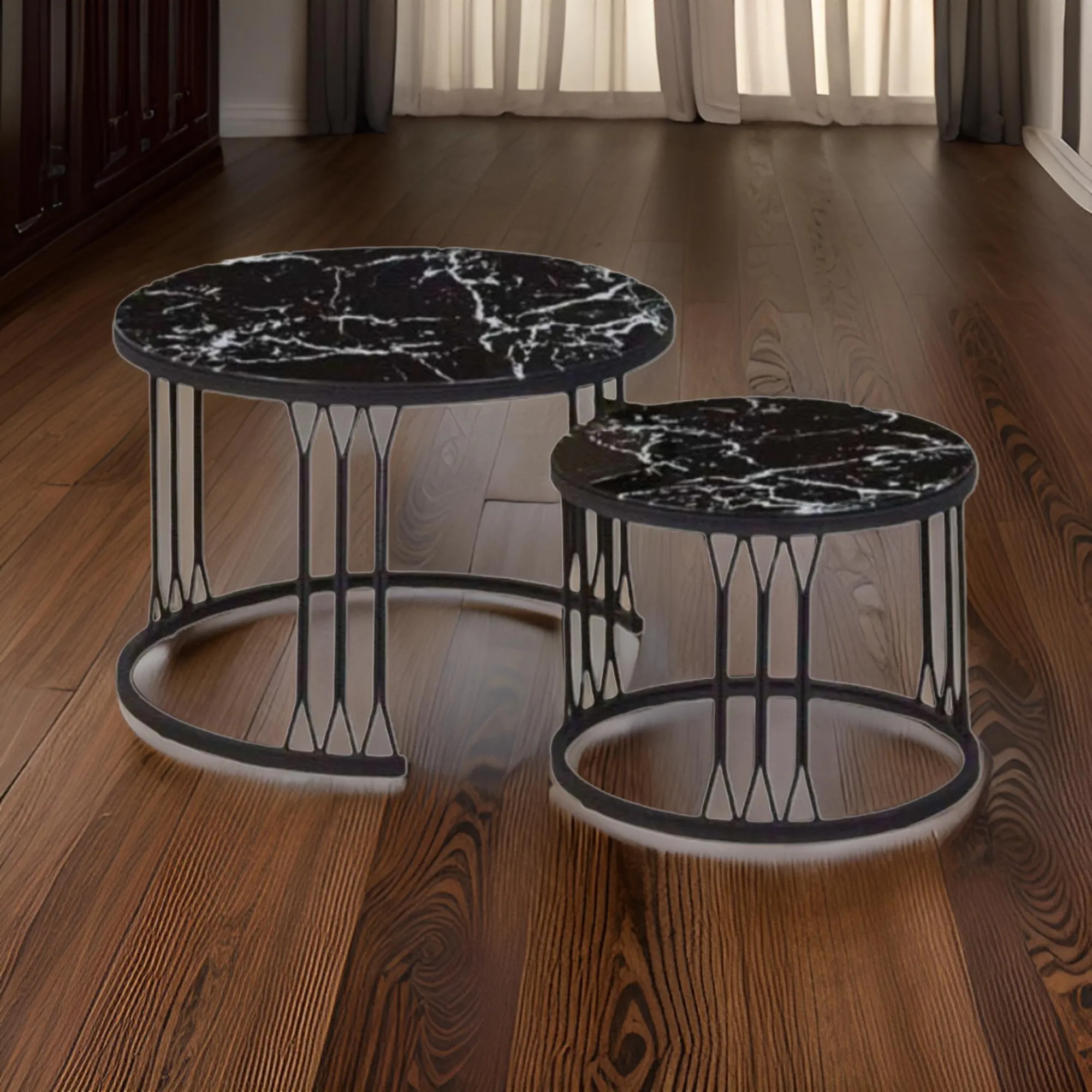 2Pcs Of Modern Glass Top Side End Coffee Table With Nesting Frame Ct-7 Black