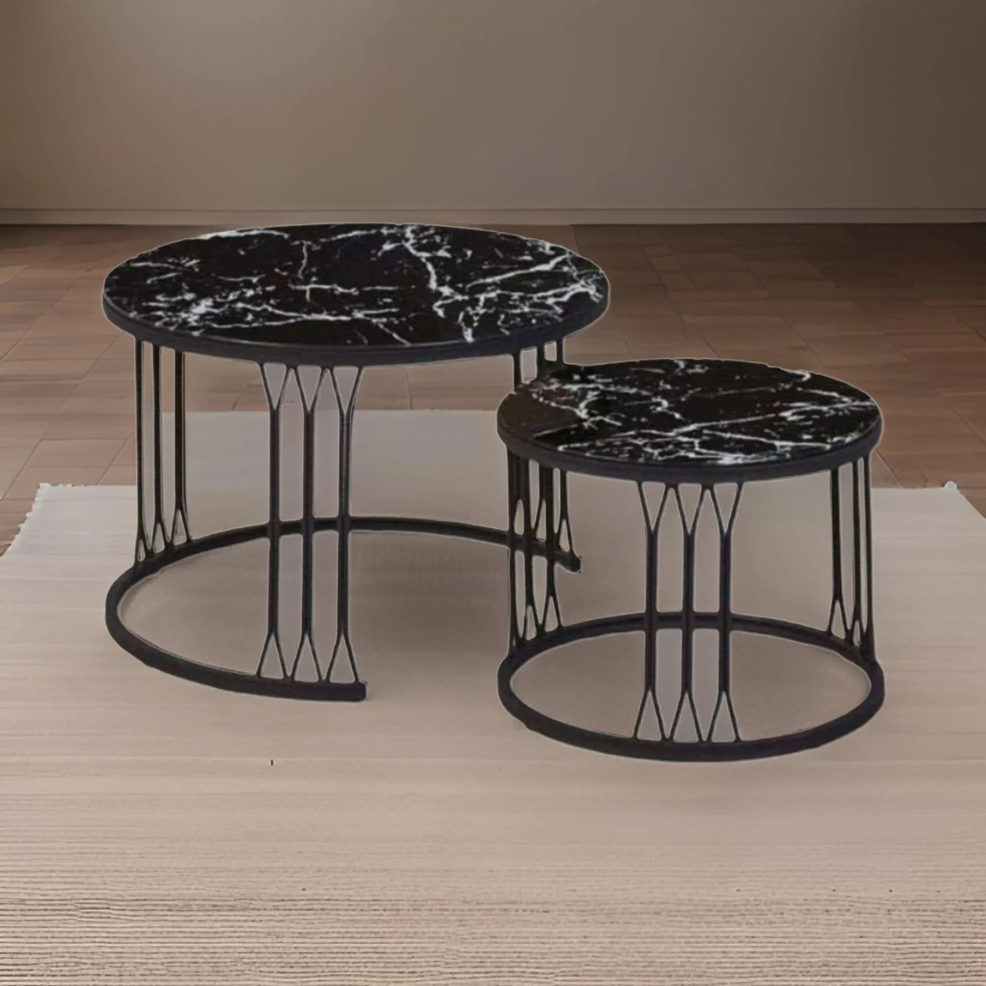 2Pcs Of Modern Glass Top Side End Coffee Table With Nesting Frame Ct-7 Black