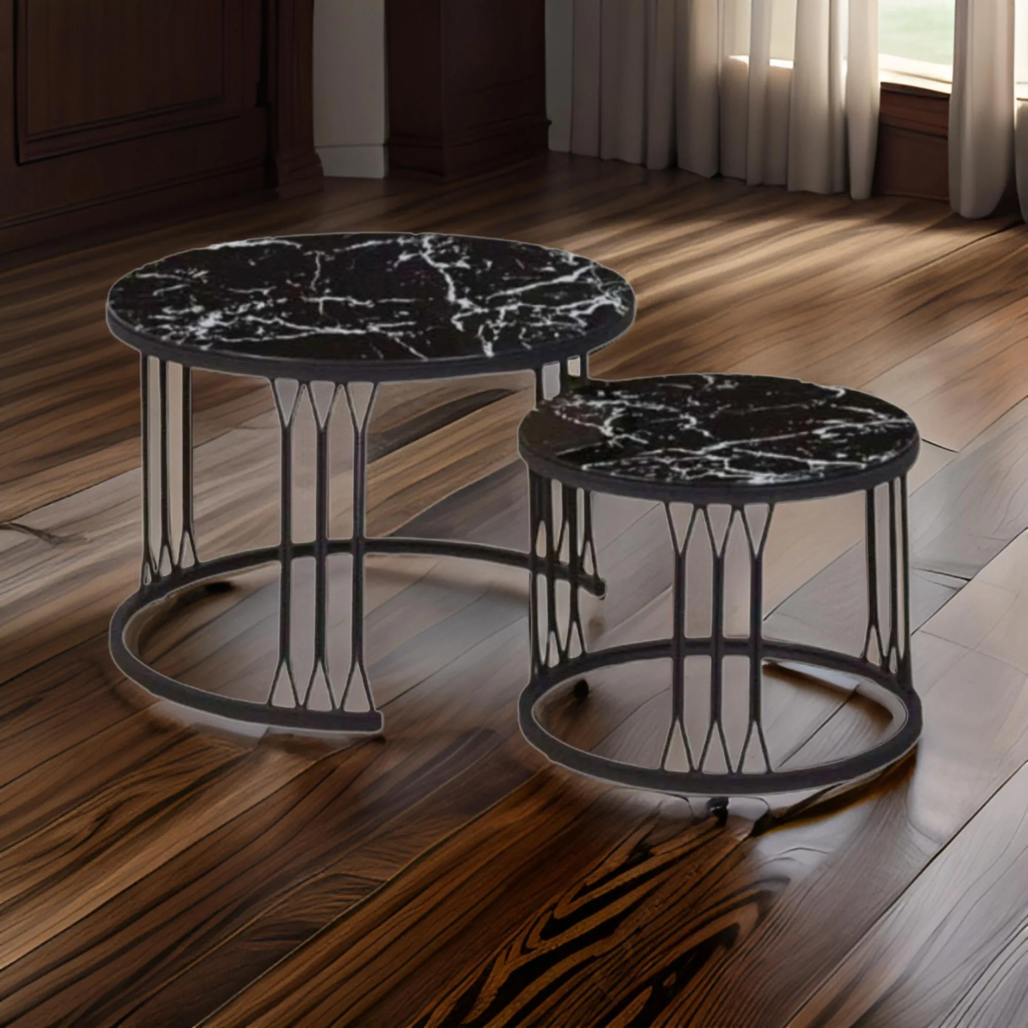 2Pcs Of Modern Glass Top Side End Coffee Table With Nesting Frame Ct-7 Black