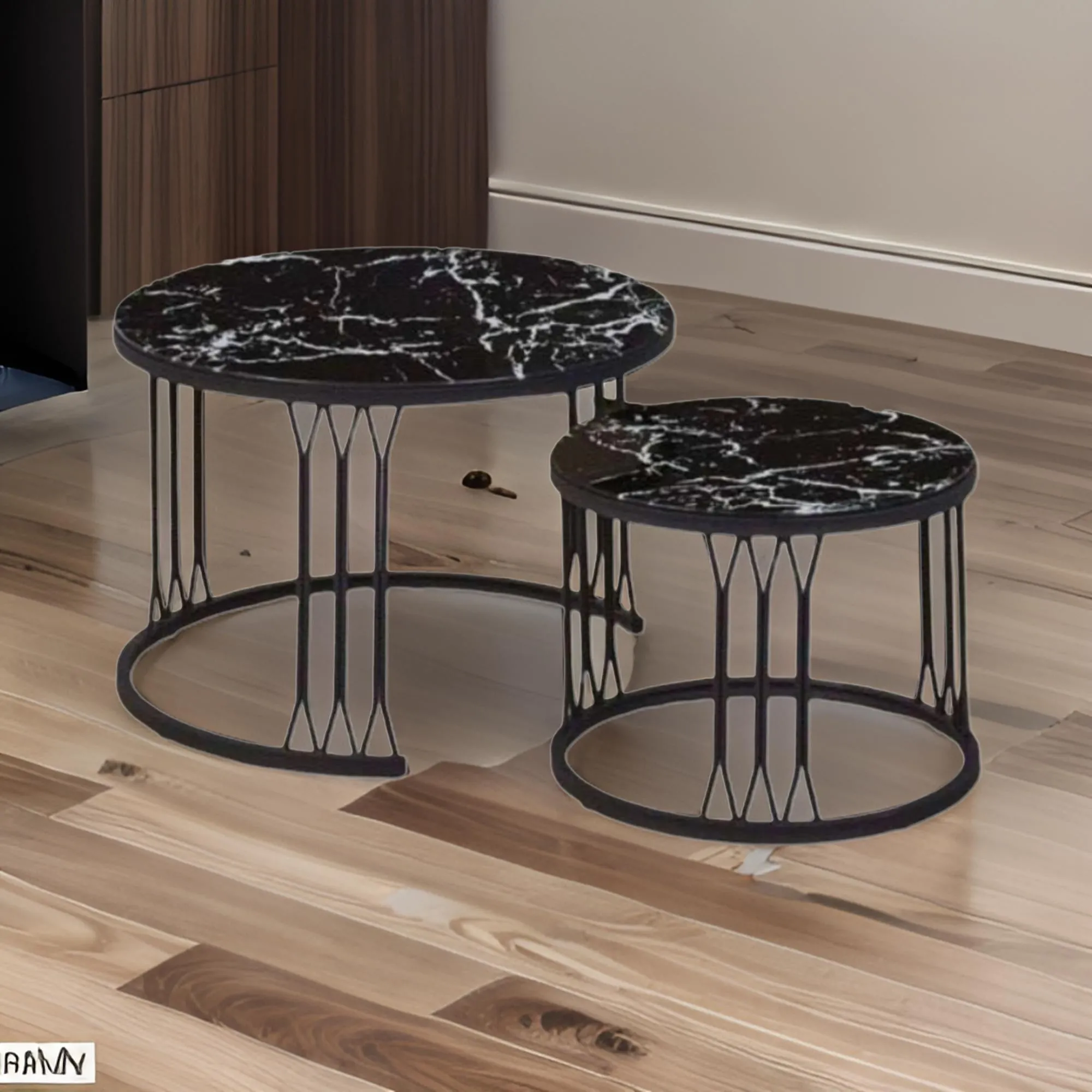 2Pcs Of Modern Glass Top Side End Coffee Table With Nesting Frame Ct-7 Black