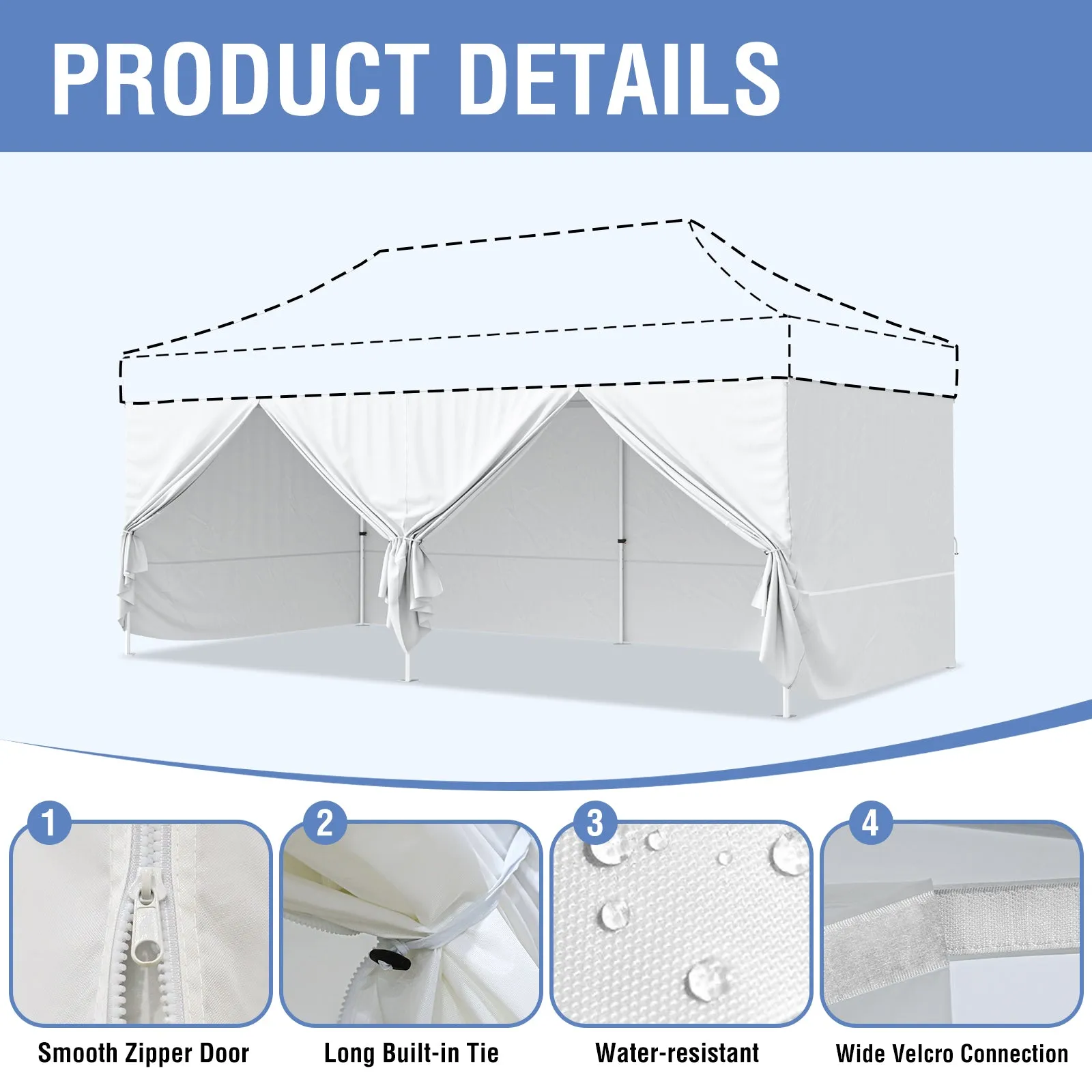 4-Piece Sunwall/Sidewalls for 10x20 ft Aluminum Custom Canopy Only,  Includes 3 Sidewalls and 1 Entry Wall, Pack of 4, White