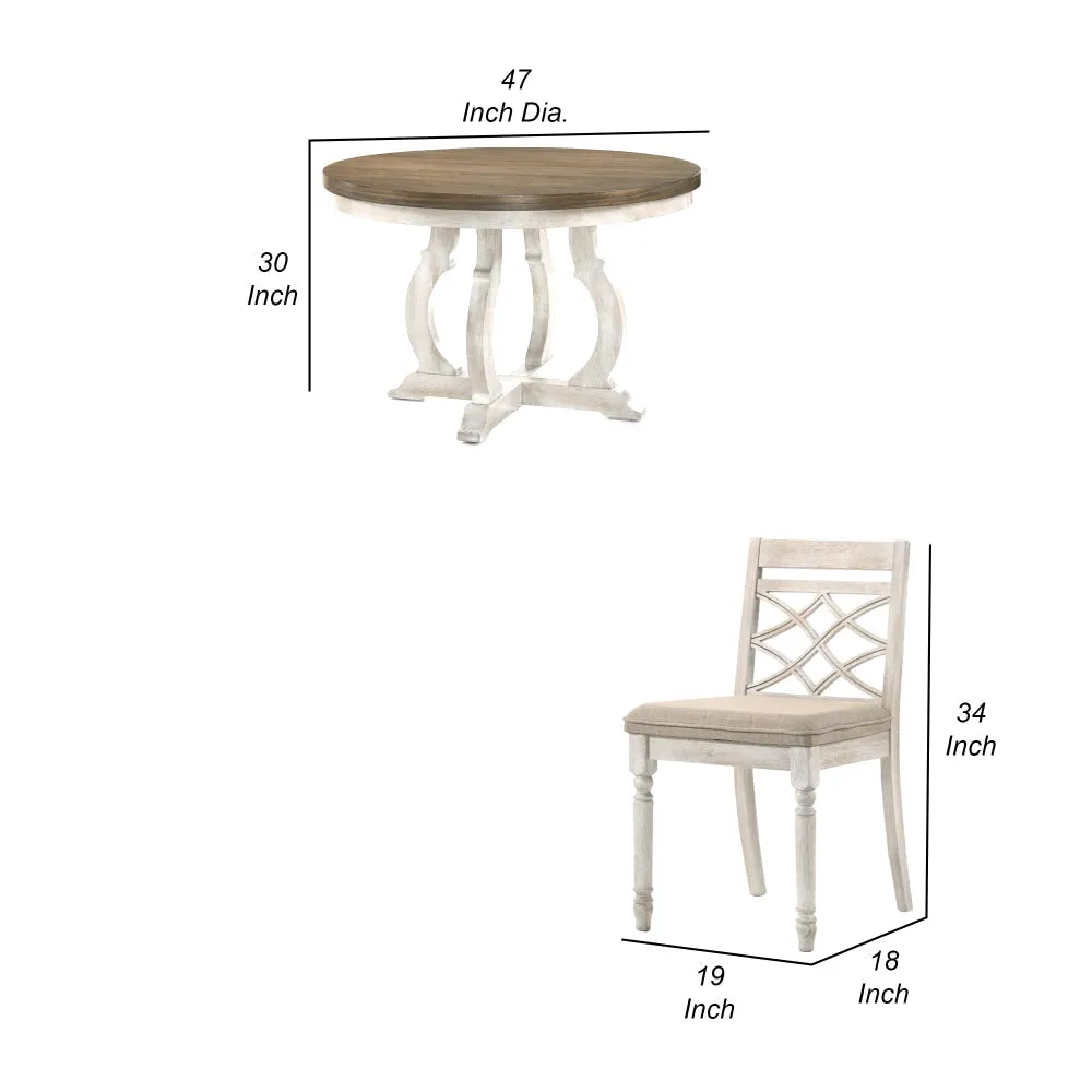 5 Piece Dining Table Set, 4 Ergonomic Chairs, Off White Upholstery, Brown By Casagear Home