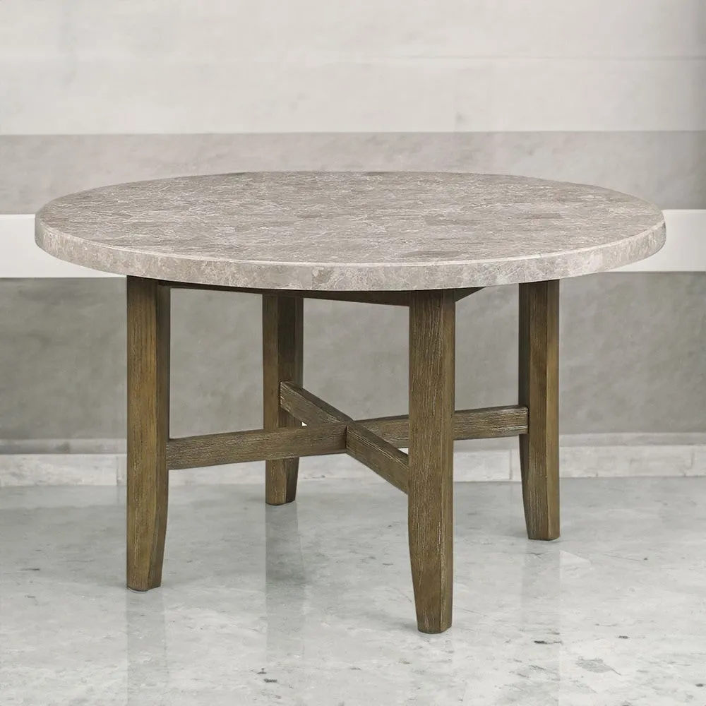 52 Inch Wood Round Dining Table, Marble Surface, Tapered Legs, Rich Brown By Casagear Home