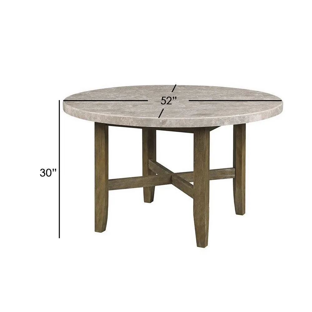 52 Inch Wood Round Dining Table, Marble Surface, Tapered Legs, Rich Brown By Casagear Home