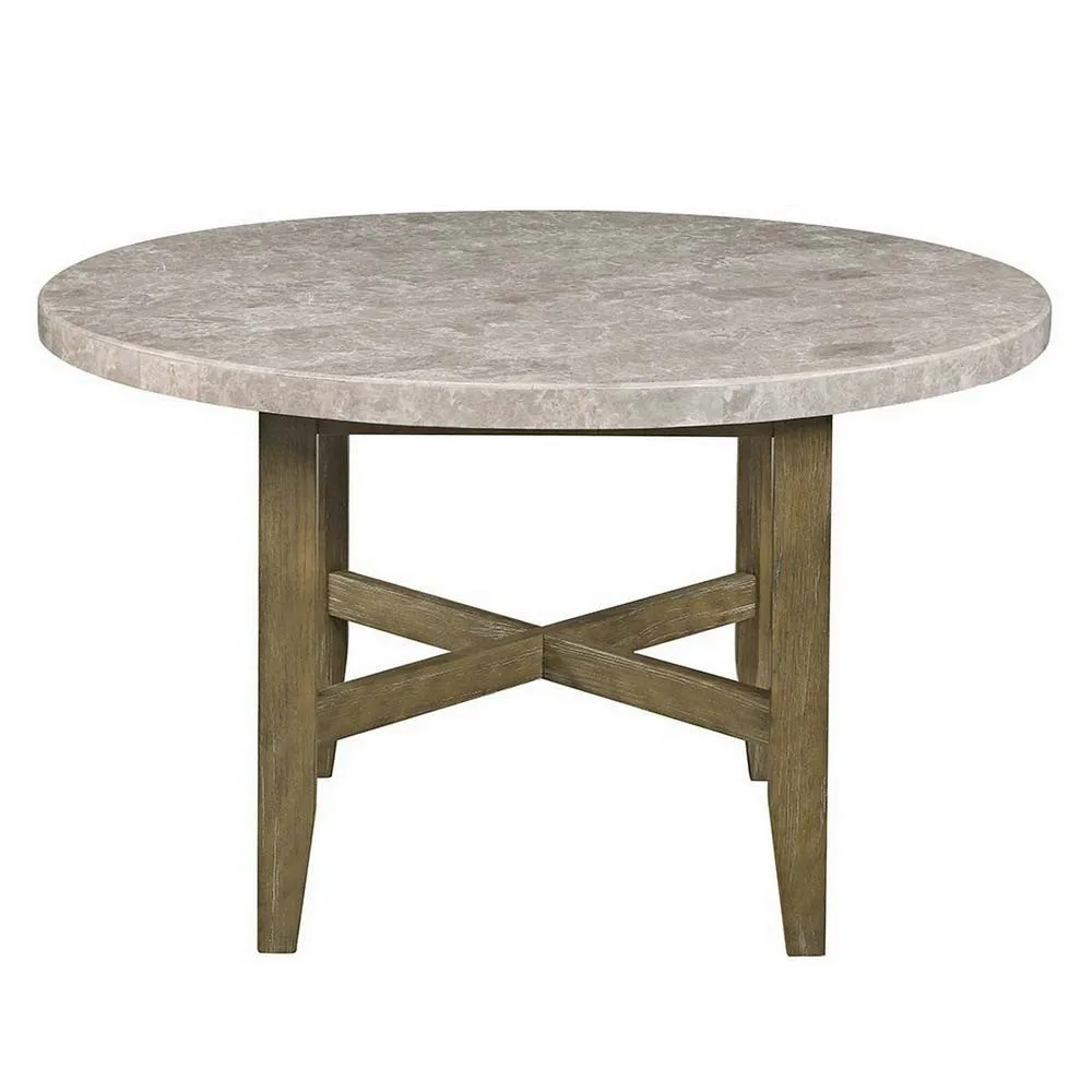 52 Inch Wood Round Dining Table, Marble Surface, Tapered Legs, Rich Brown By Casagear Home
