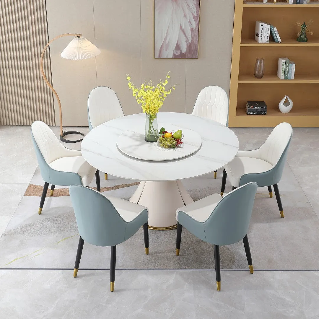 59.05" Modern Sintered Stone Dining Table Set with 31.5" Round Turntable, Wood/Metal Pedestal, 8 Chairs