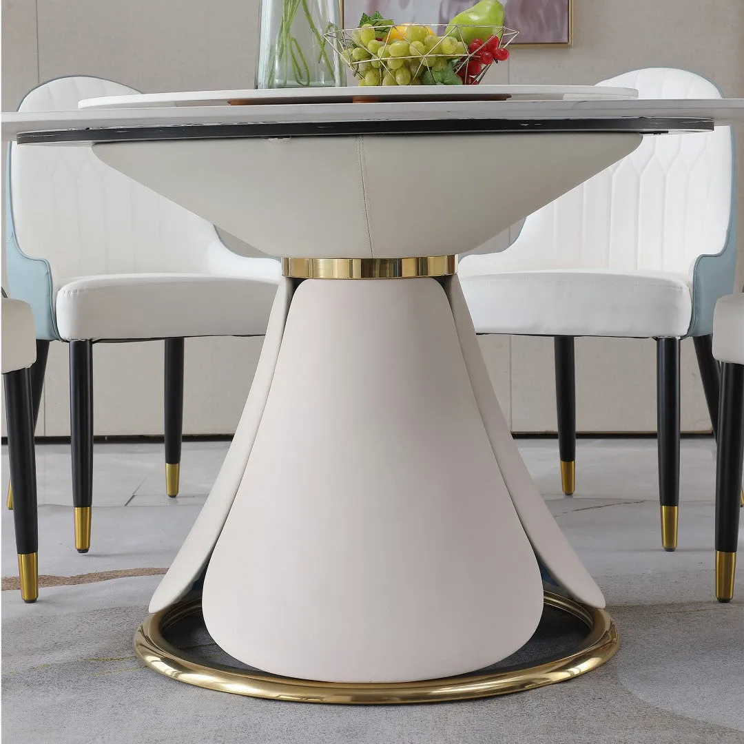 59.05" Modern Sintered Stone Dining Table Set with 31.5" Round Turntable, Wood/Metal Pedestal, 8 Chairs