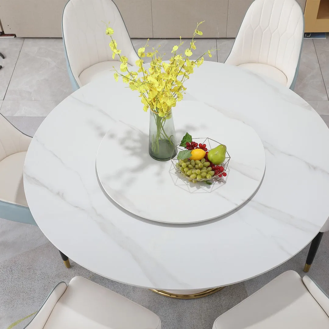 59.05" Modern Sintered Stone Dining Table Set with 31.5" Round Turntable, Wood/Metal Pedestal, 8 Chairs