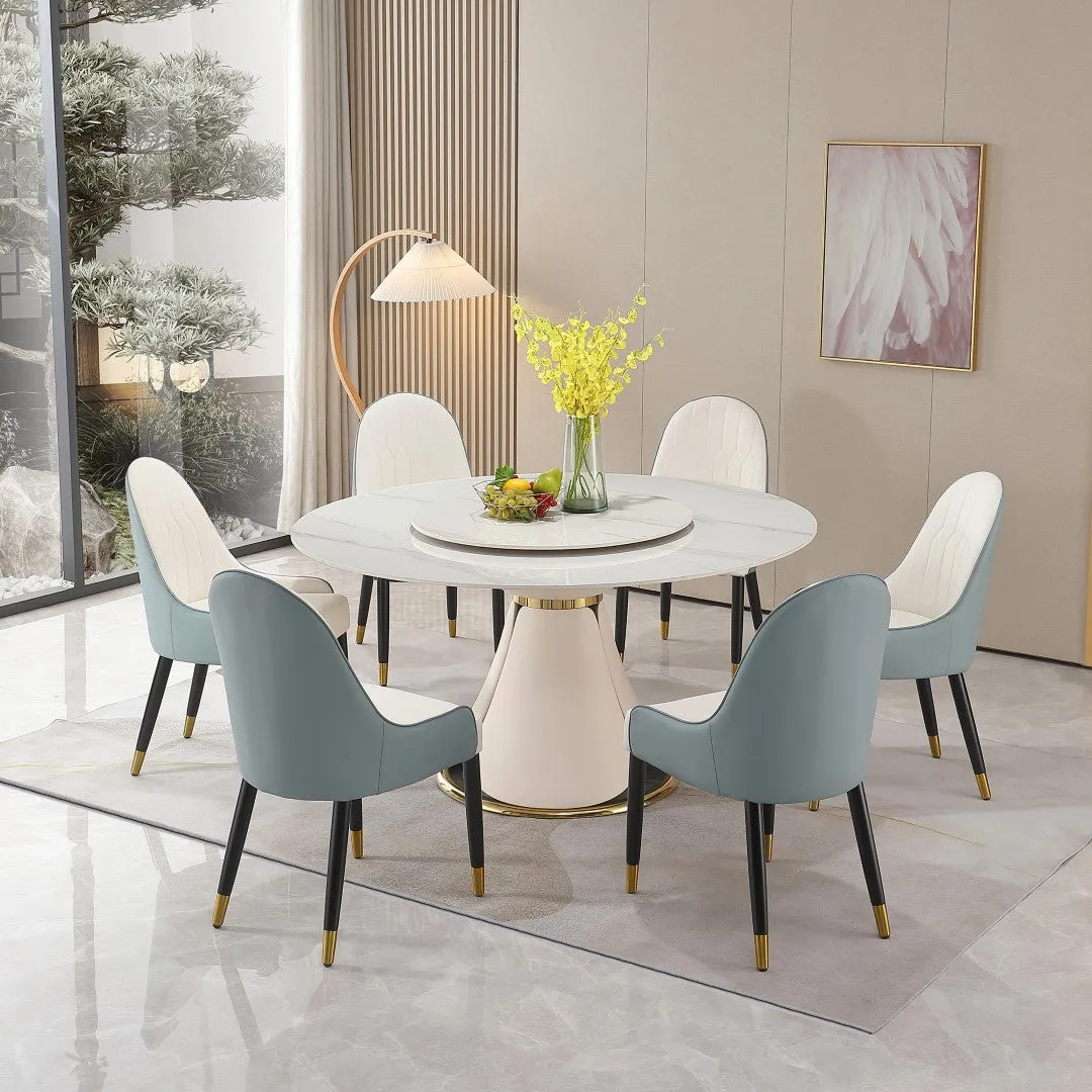 59.05" Modern Sintered Stone Dining Table Set with 31.5" Round Turntable, Wood/Metal Pedestal, 8 Chairs