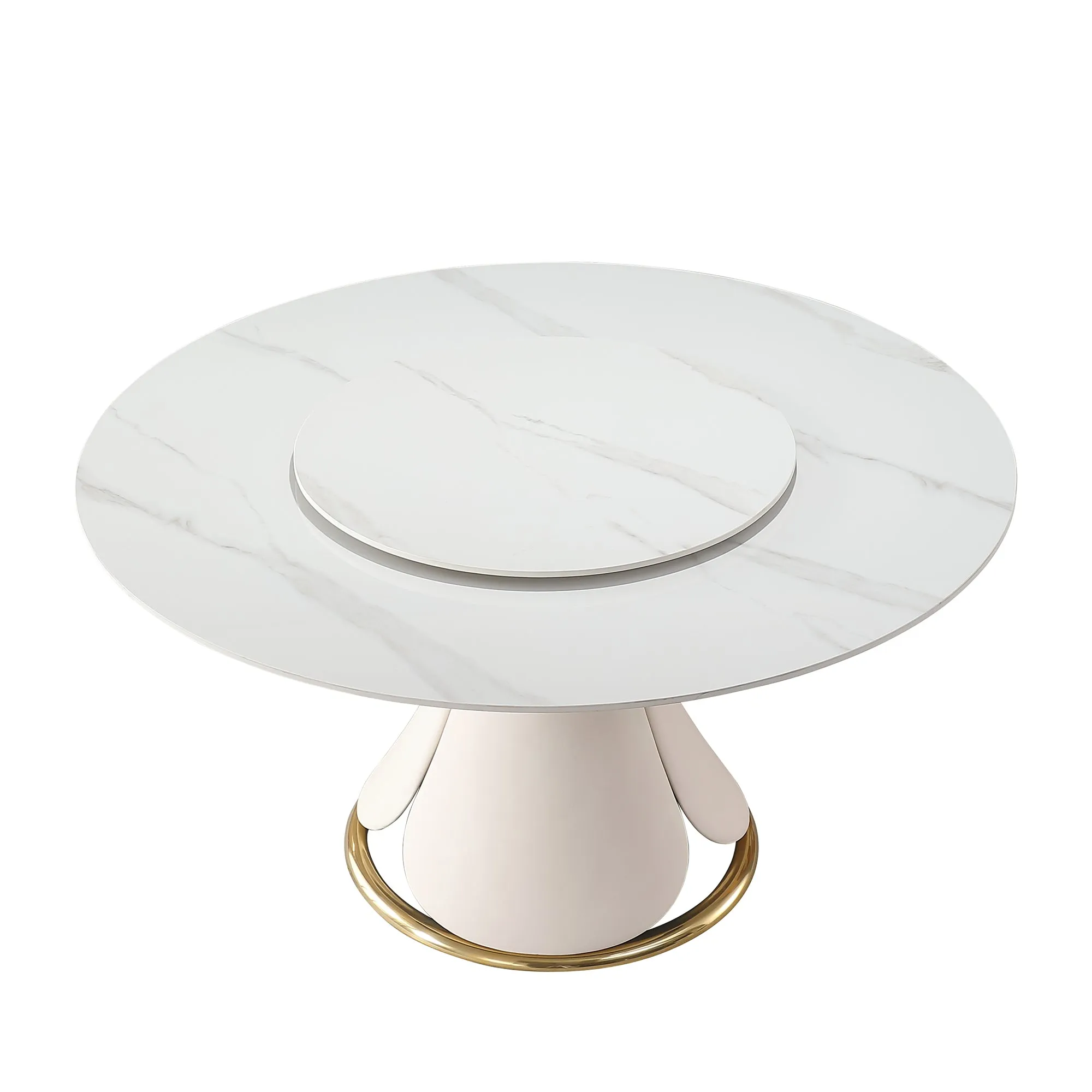 59.05" Modern Sintered Stone Dining Table Set with 31.5" Round Turntable, Wood/Metal Pedestal, 8 Chairs