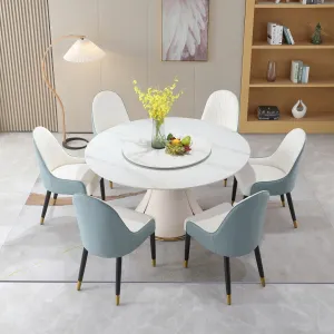 59.05" Modern Sintered Stone Dining Table Set with 31.5" Round Turntable, Wood/Metal Pedestal, 8 Chairs