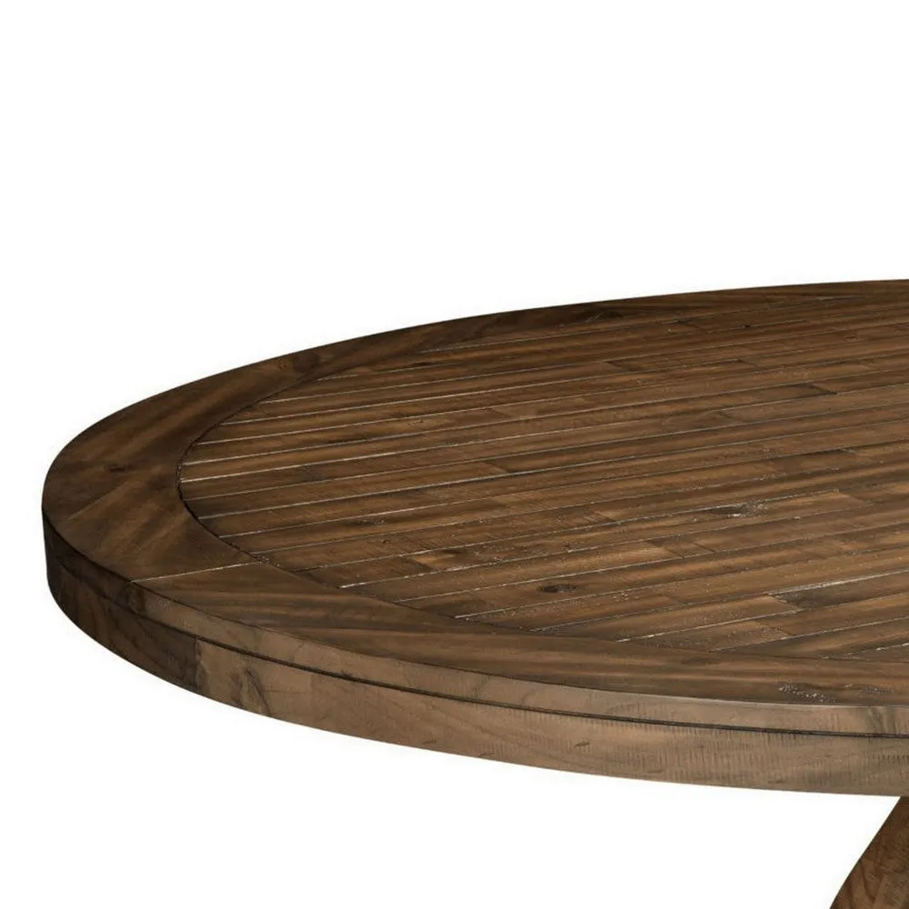 60 Inch Round Dining Table, Carved Pedestal Base, Reclaimed Walnut Brown By Casagear Home
