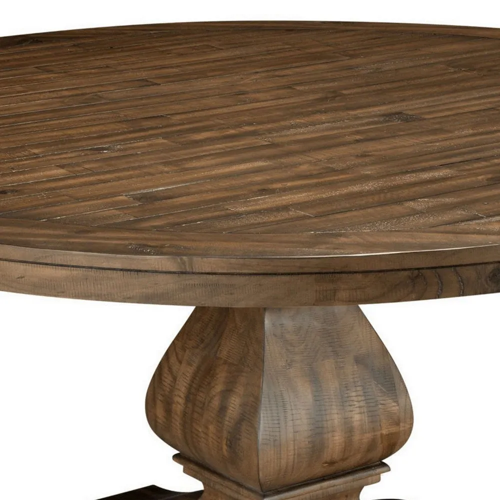60 Inch Round Dining Table, Carved Pedestal Base, Reclaimed Walnut Brown By Casagear Home