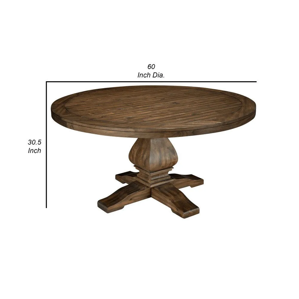 60 Inch Round Dining Table, Carved Pedestal Base, Reclaimed Walnut Brown By Casagear Home