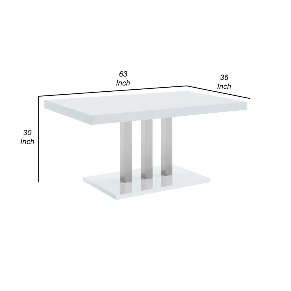 63 Inch Dining Table, White High Gloss Top, Trio Legs, Chrome Pedestal Base By Casagear Home