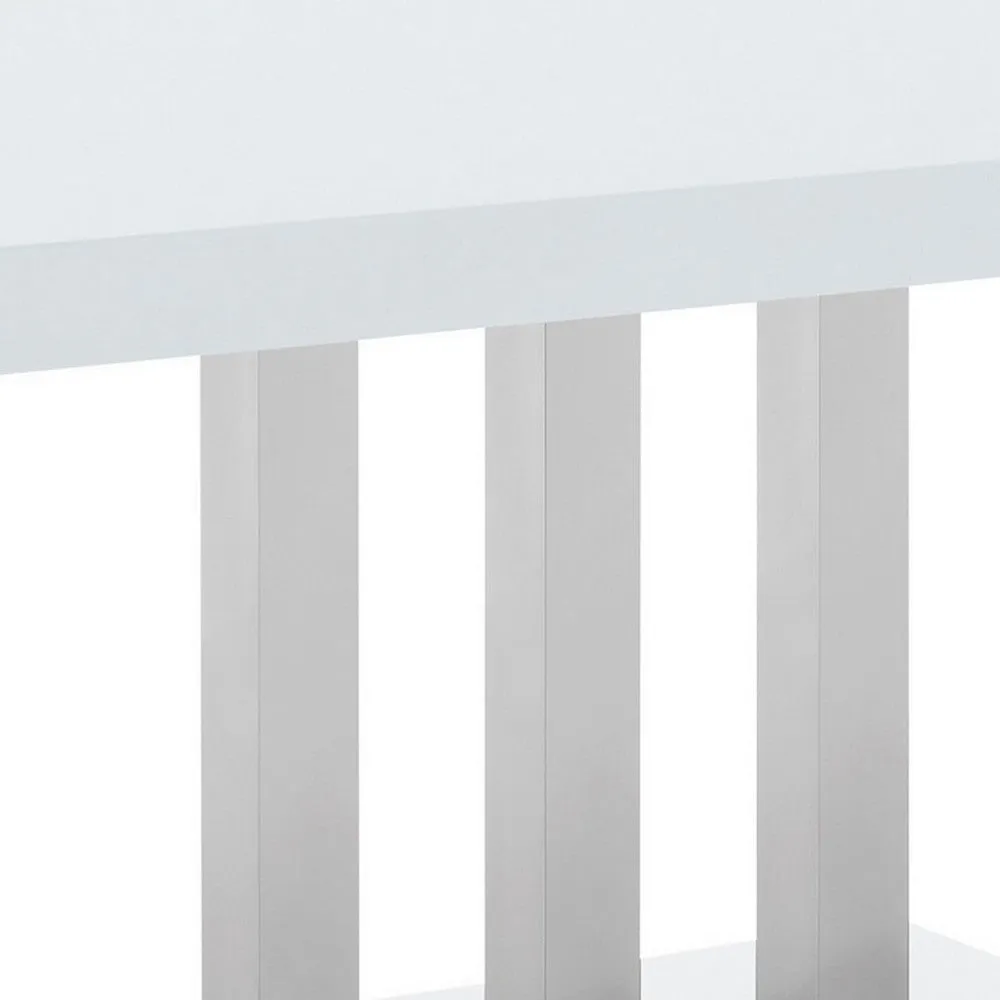 63 Inch Dining Table, White High Gloss Top, Trio Legs, Chrome Pedestal Base By Casagear Home