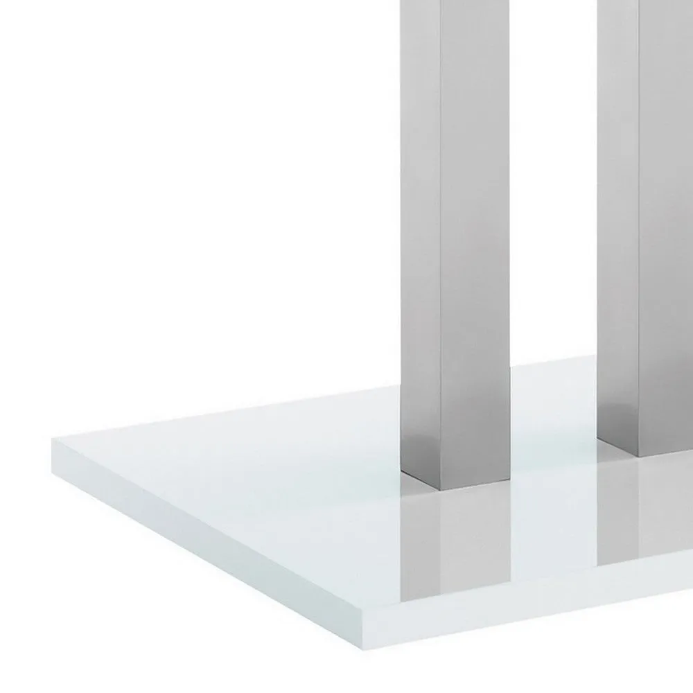 63 Inch Dining Table, White High Gloss Top, Trio Legs, Chrome Pedestal Base By Casagear Home