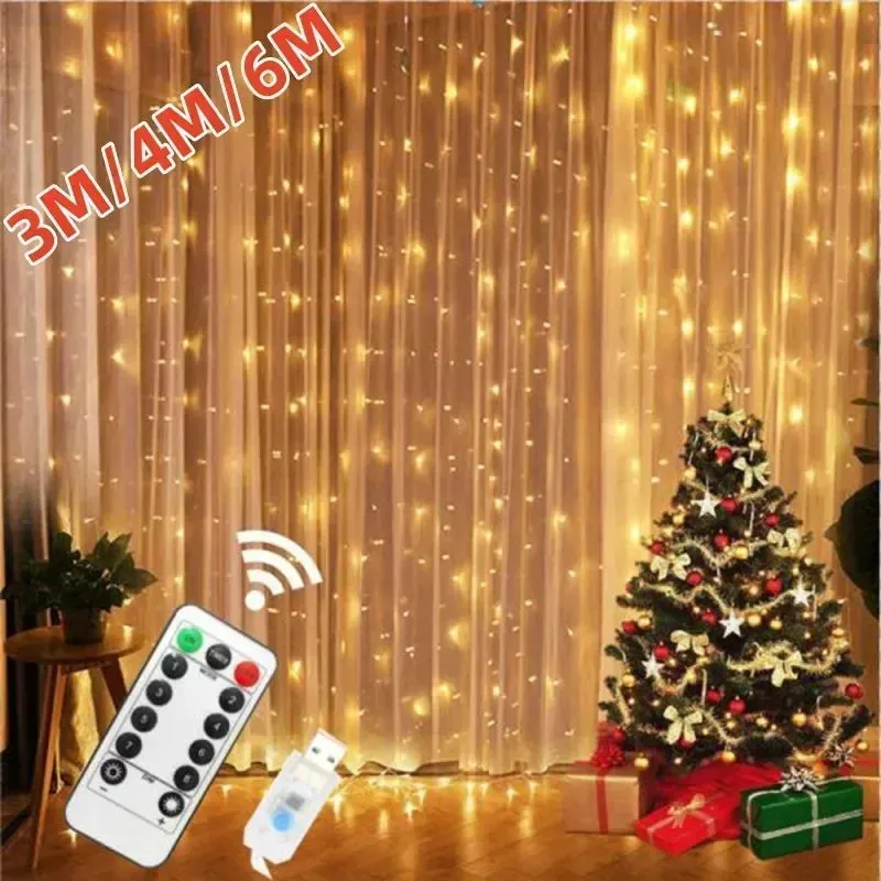 6x3M/3x3m Curtain Garland on The Window USB Power Fairy Lights Festoon with Remote New Year Garland Led Lights Decor