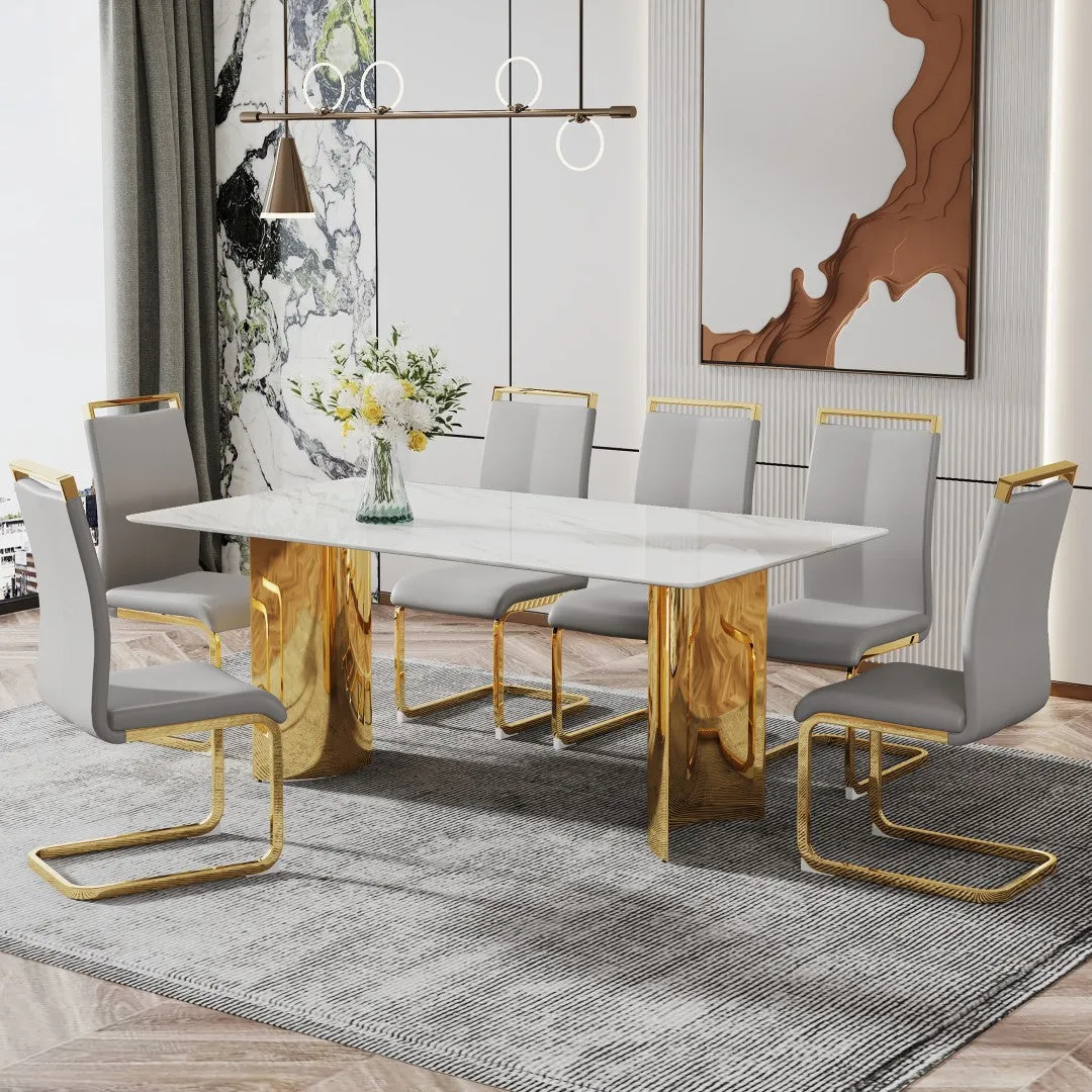71" White Faux Marble Dining Table with Gold Legs - Versatile & Stylish for Family Meals, Parties, & Gatherings