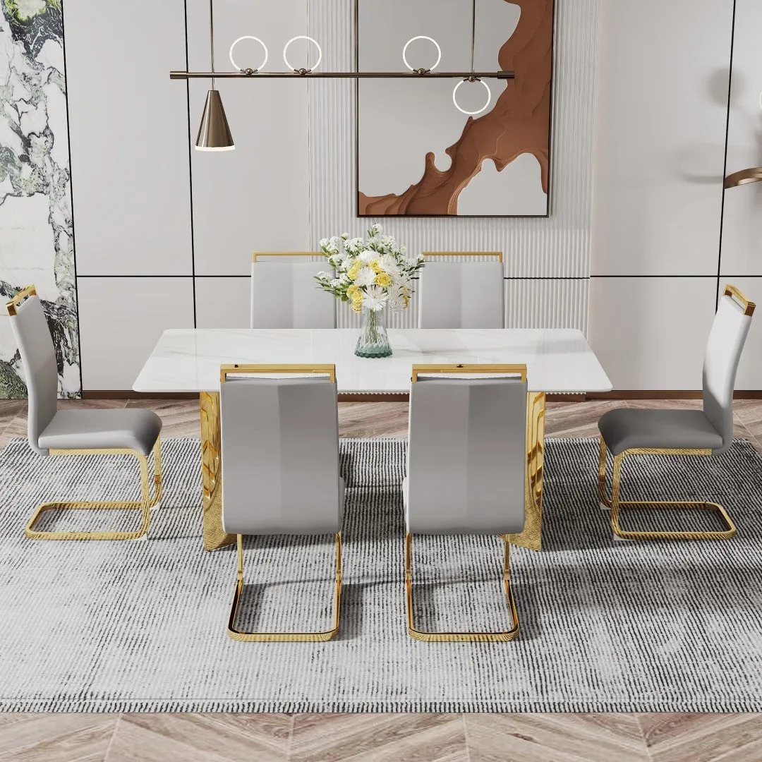 71" White Faux Marble Dining Table with Gold Legs - Versatile & Stylish for Family Meals, Parties, & Gatherings