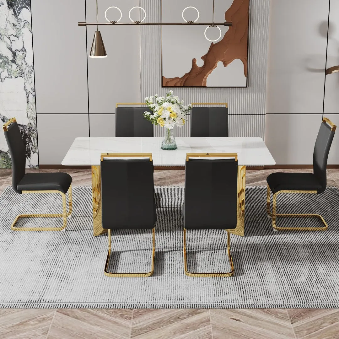 71" White Faux Marble Dining Table with Gold Legs - Versatile & Stylish for Family Meals, Parties, & Gatherings