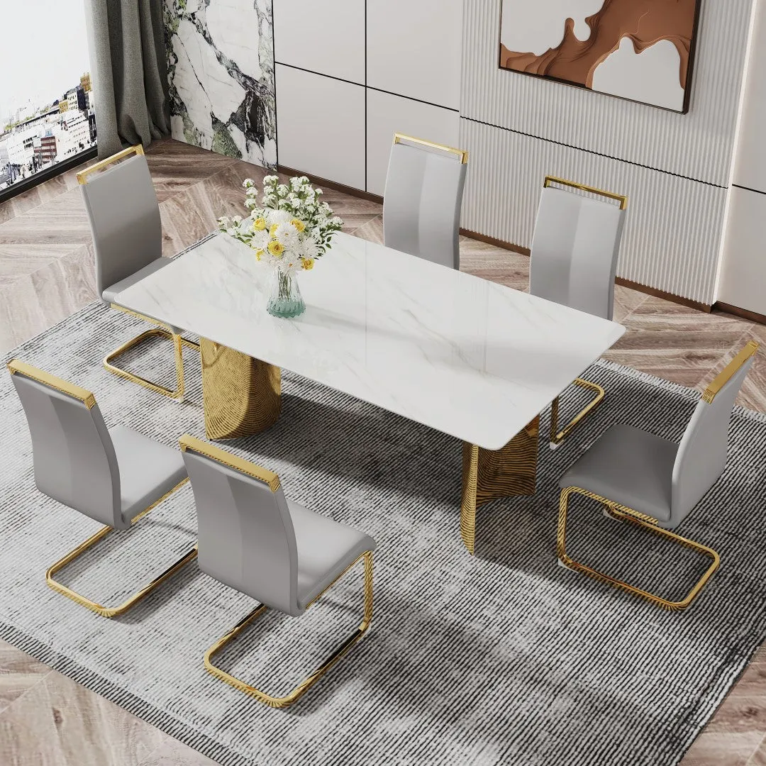 71" White Faux Marble Dining Table with Gold Legs - Versatile & Stylish for Family Meals, Parties, & Gatherings