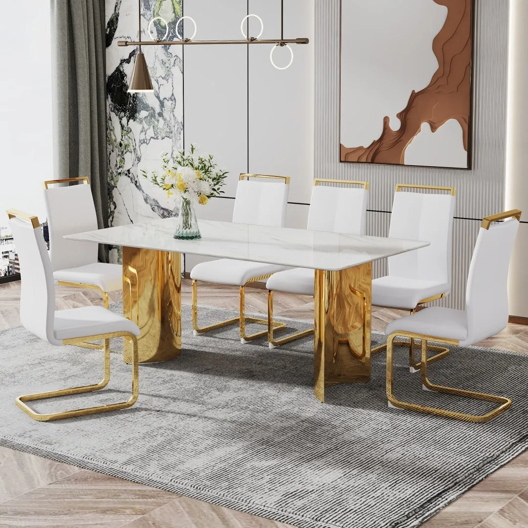 71" White Faux Marble Dining Table with Gold Legs - Versatile & Stylish for Family Meals, Parties, & Gatherings