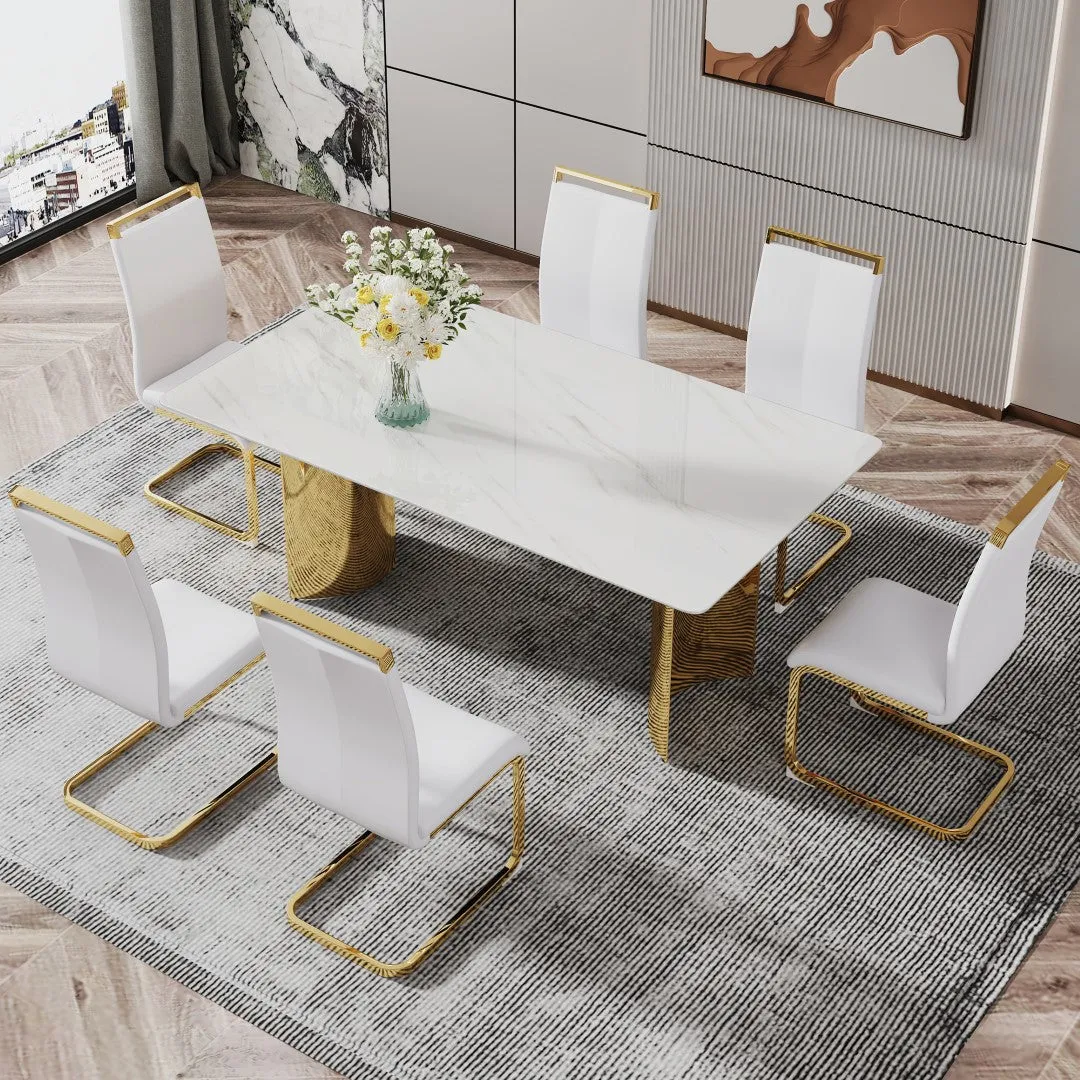71" White Faux Marble Dining Table with Gold Legs - Versatile & Stylish for Family Meals, Parties, & Gatherings