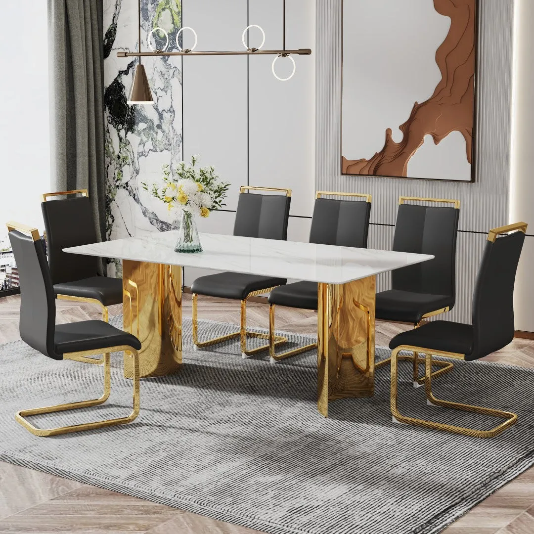 71" White Faux Marble Dining Table with Gold Legs - Versatile & Stylish for Family Meals, Parties, & Gatherings