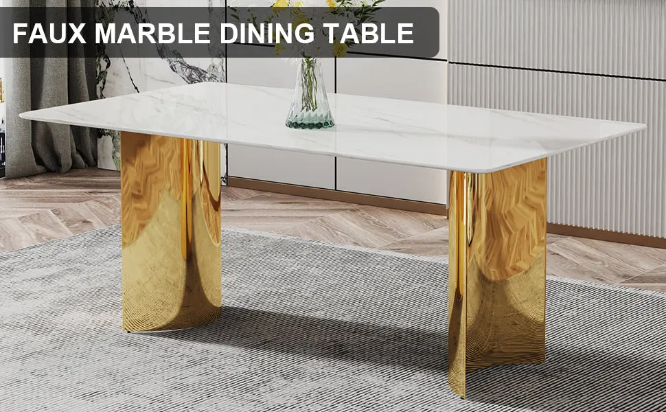 71" White Faux Marble Dining Table with Gold Legs - Versatile & Stylish for Family Meals, Parties, & Gatherings