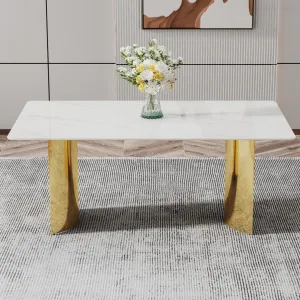 71" White Faux Marble Dining Table with Gold Legs - Versatile & Stylish for Family Meals, Parties, & Gatherings