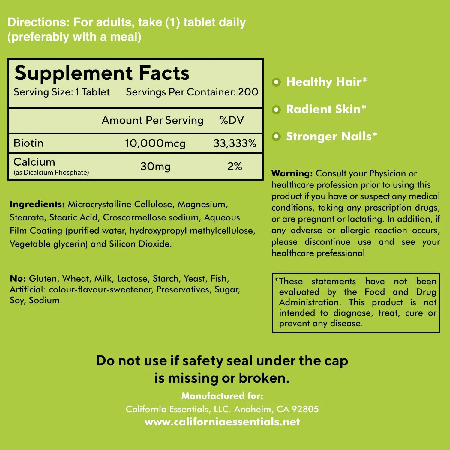 Biotin 10,000Mcg – Hair Growth Vegetarian Vitamins B7 Supports Healthy Hair, Skin, and Nail Growth – Dietary Supplement for Men & Women of All Hair Types (200 Tablets)