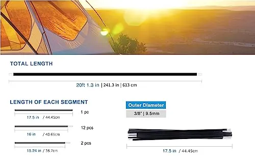 BRILLIANCE4U Tent Poles Replacement 20ft 1.5 in, 9.5mm 3/8 T6 Heated Aluminum Alloy Tent Rod, 1 Pole Pack