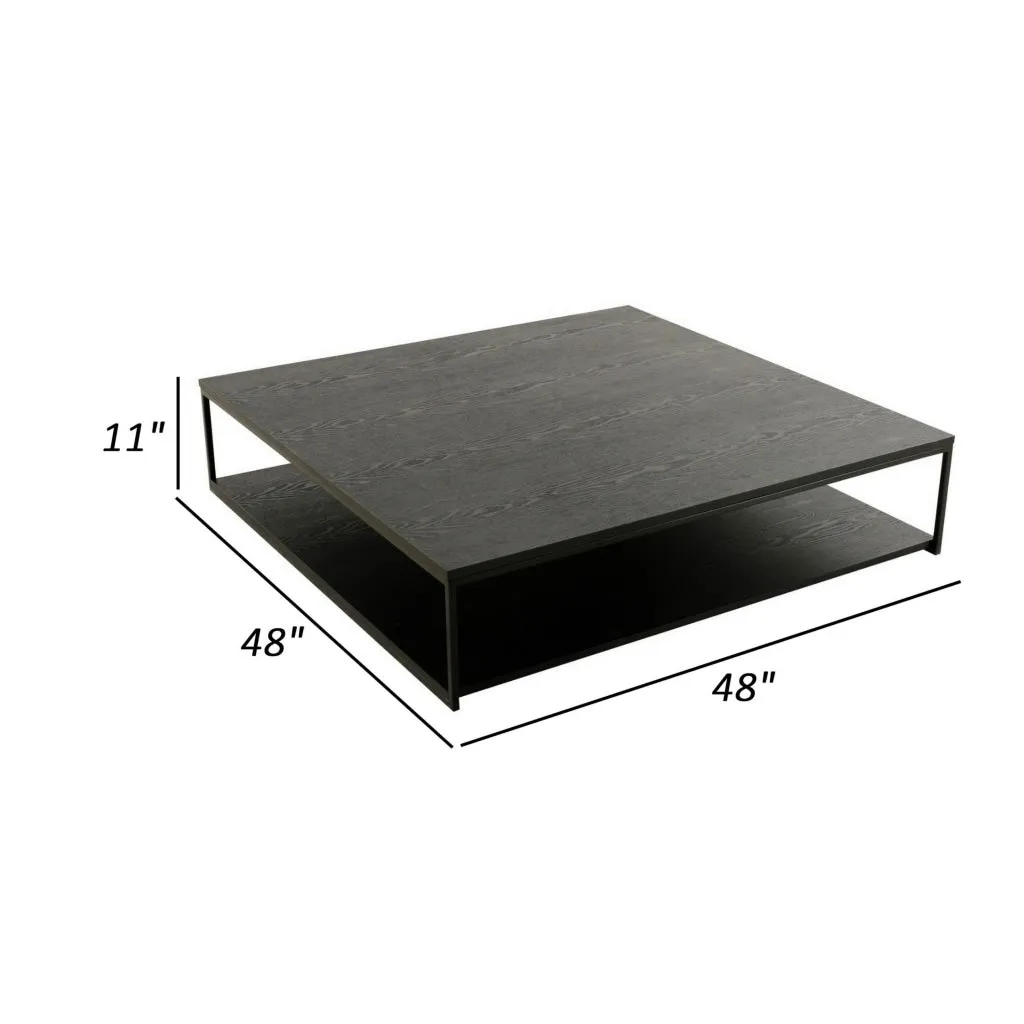 Cid Rive 48 Inch Coffee Table, Square Top, Shelf, Black Ash Veneer, Iron By Casagear Home