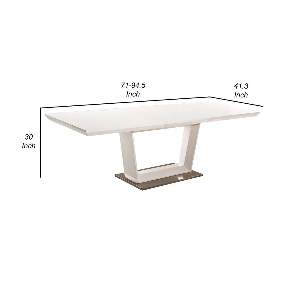 Col 71-95 Inch Extendable Dining Table, U Shaped Pedestal Base, White  By Casagear Home