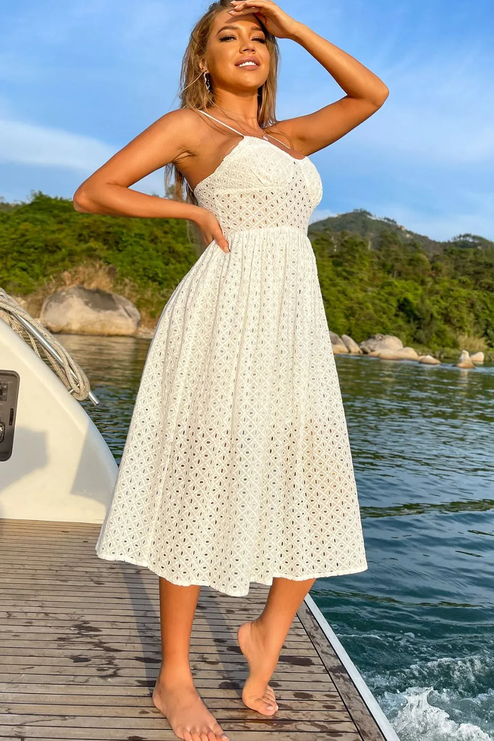 Eyelet Zip-Back Spaghetti Strap Midi Dress