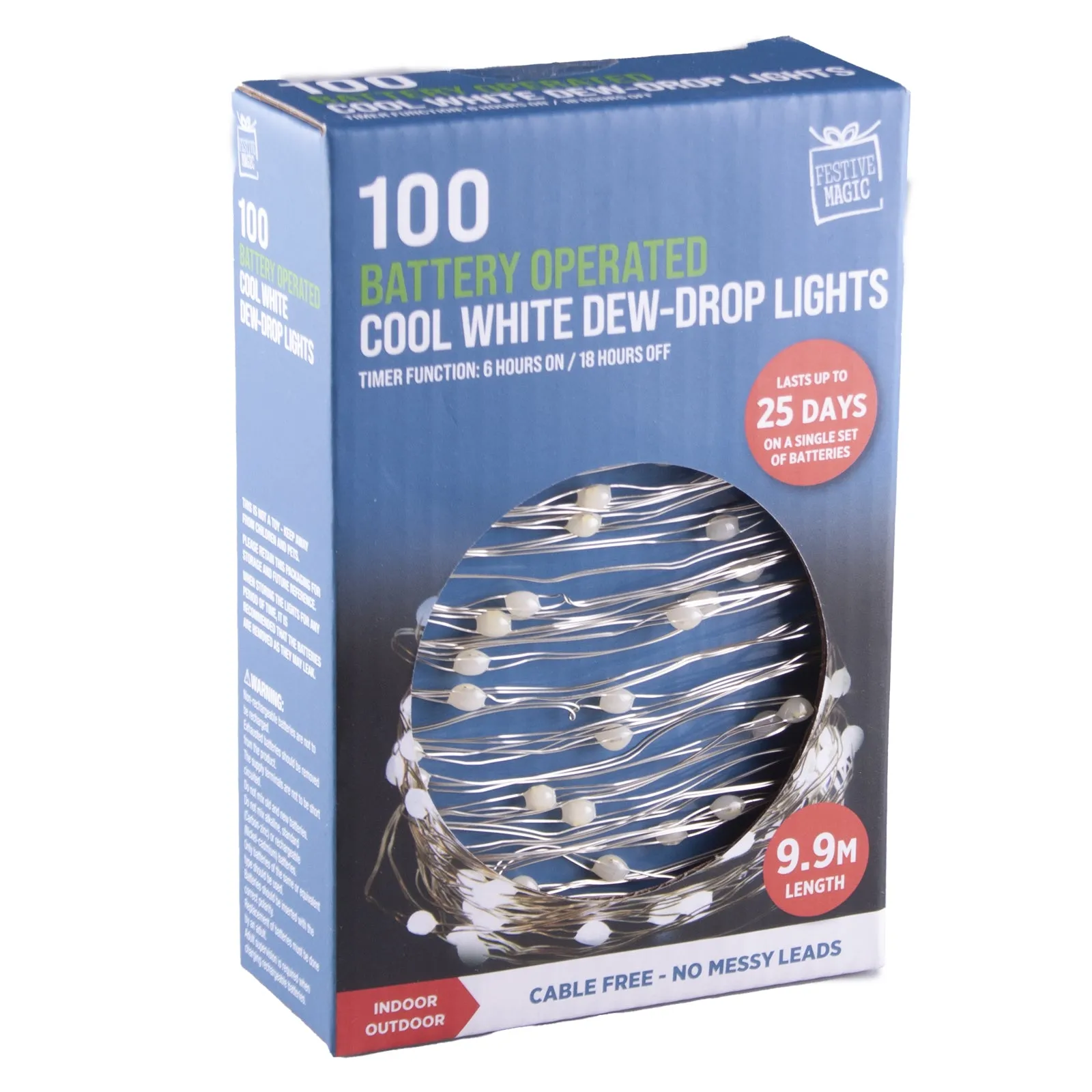 Festive Magic Battery Operated Warm White 100 Dew-Drop Christmas Lights