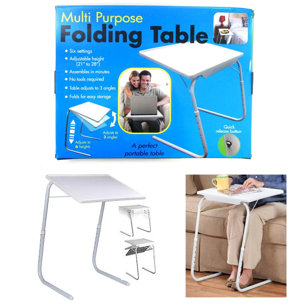 Folding Table Adjustable Desk Tray Cup Holder Eat  Work Foldable Under Sofa Bed