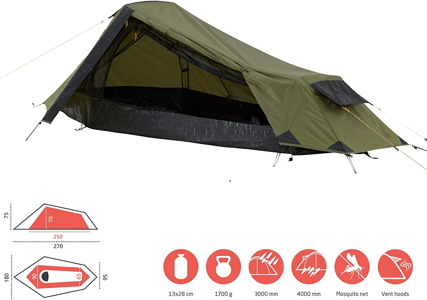 GRAND CANYON Richmond 1: Ultralight and Waterproof Tunnel Tent for 1 Person - Compact Pack Size for Trekking, Camping, and Outdoor Adventures