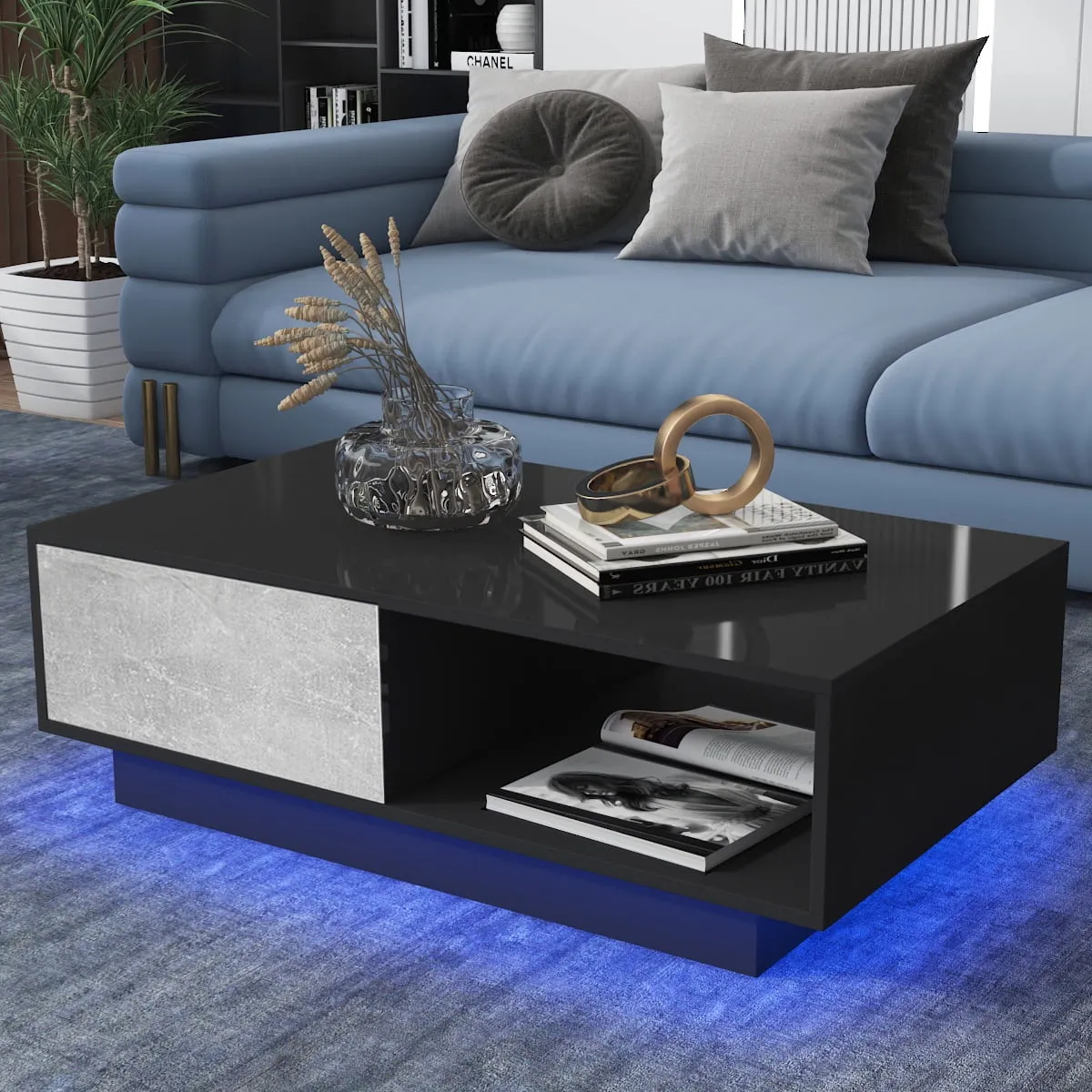 Hommpa LED Coffee Table Modern Side Tables High Gloss Black Cocktail Table with 2 Drawers Open Shelf for Living Room