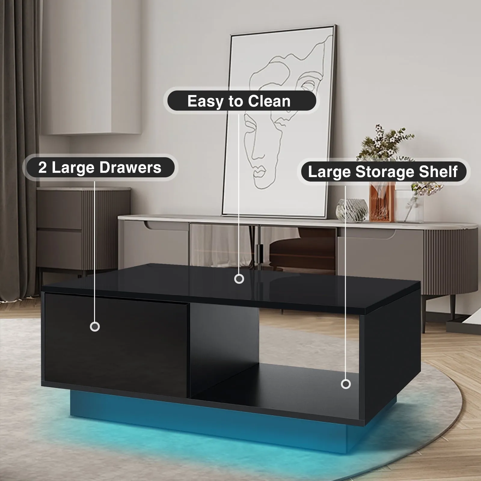 Hommpa LED Coffee Table Modern Side Tables High Gloss Black Cocktail Table with 2 Drawers Open Shelf for Living Room