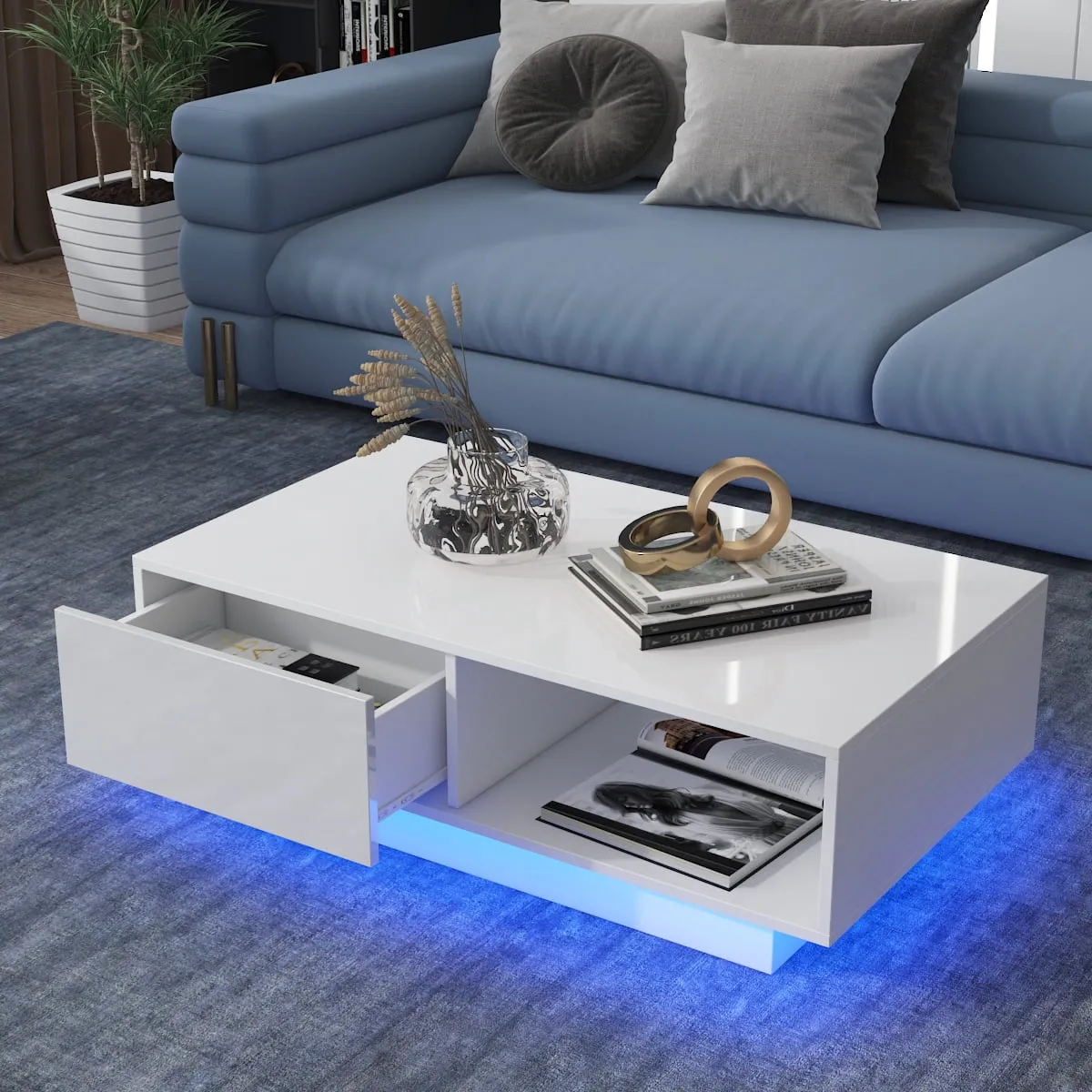 Hommpa LED Coffee Table Modern Side Tables High Gloss Black Cocktail Table with 2 Drawers Open Shelf for Living Room