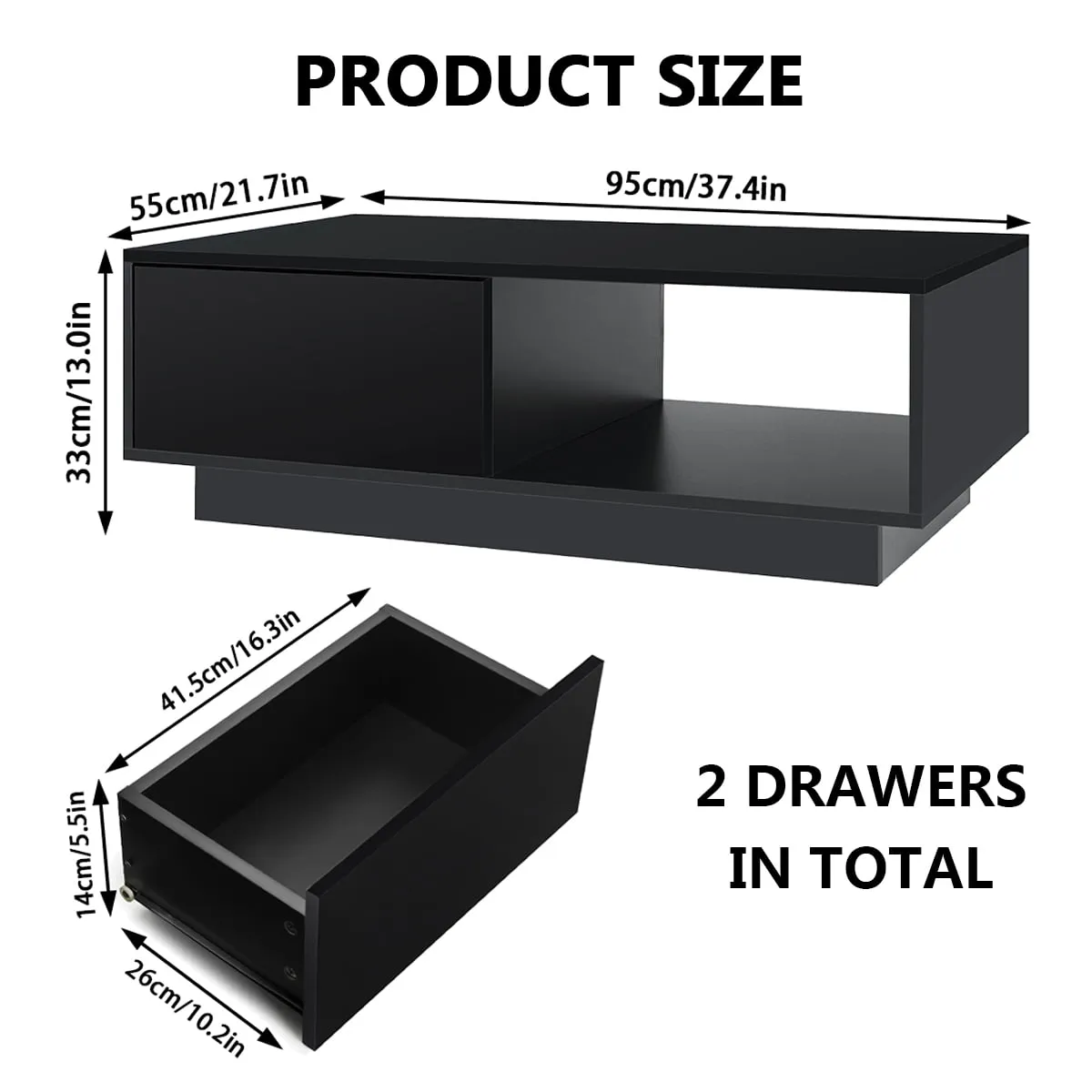 Hommpa LED Coffee Table Modern Side Tables High Gloss Black Cocktail Table with 2 Drawers Open Shelf for Living Room