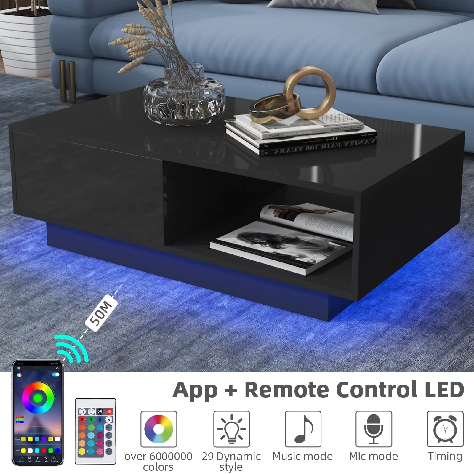 Hommpa LED Coffee Table Modern Side Tables High Gloss Black Cocktail Table with 2 Drawers Open Shelf for Living Room