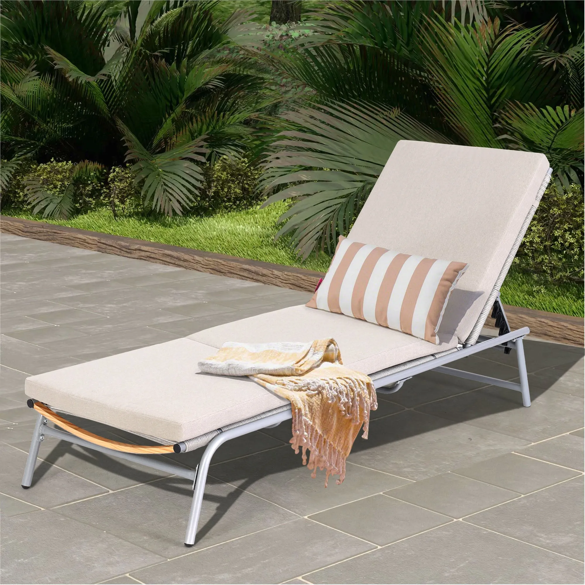 HOMREST Pool Lounge Chairs, Set of 2 Aluminum Patio Chaise Lounge with 5 Adjustable Backrest and Lay Flat Positions, Beige