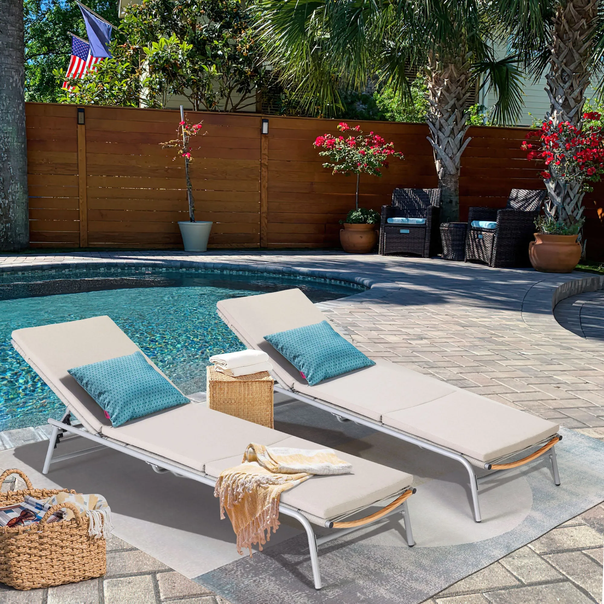 HOMREST Pool Lounge Chairs, Set of 2 Aluminum Patio Chaise Lounge with 5 Adjustable Backrest and Lay Flat Positions, Beige