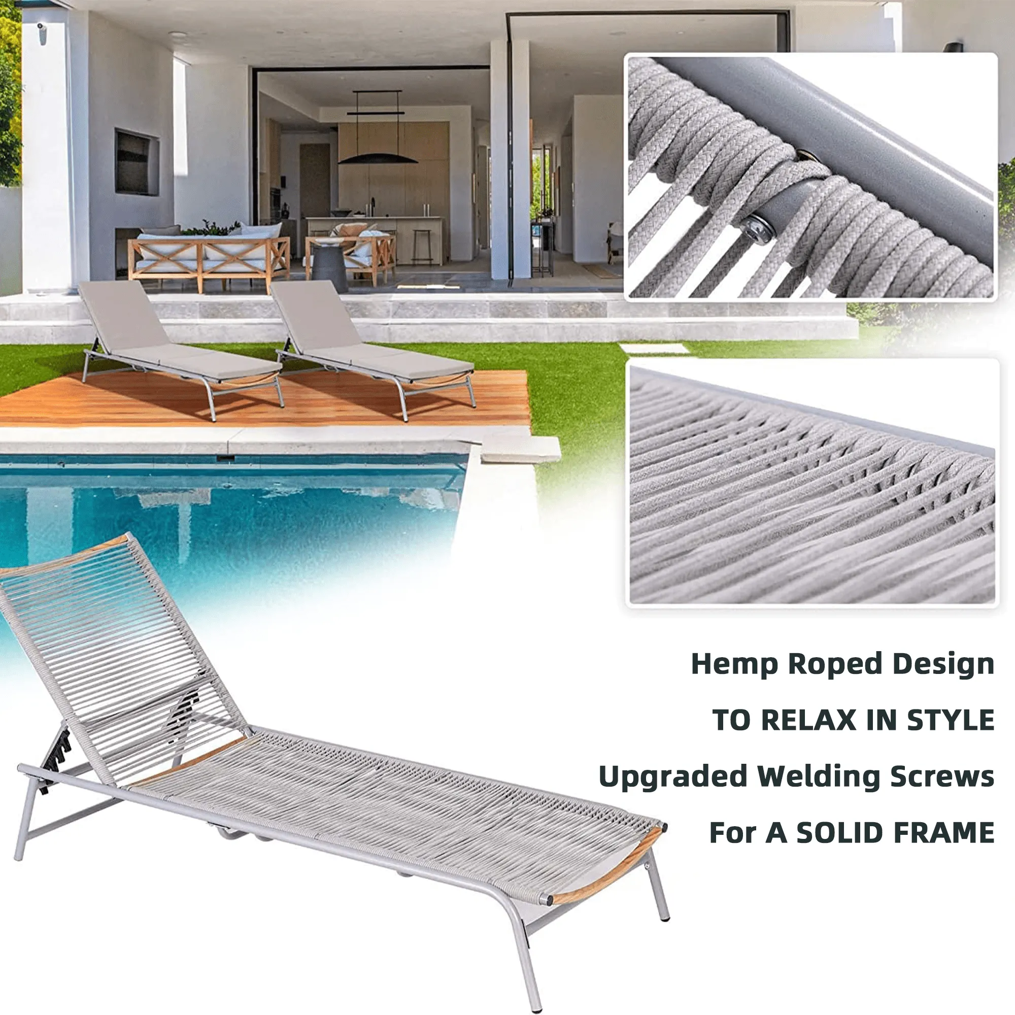 HOMREST Pool Lounge Chairs, Set of 2 Aluminum Patio Chaise Lounge with 5 Adjustable Backrest and Lay Flat Positions, Beige